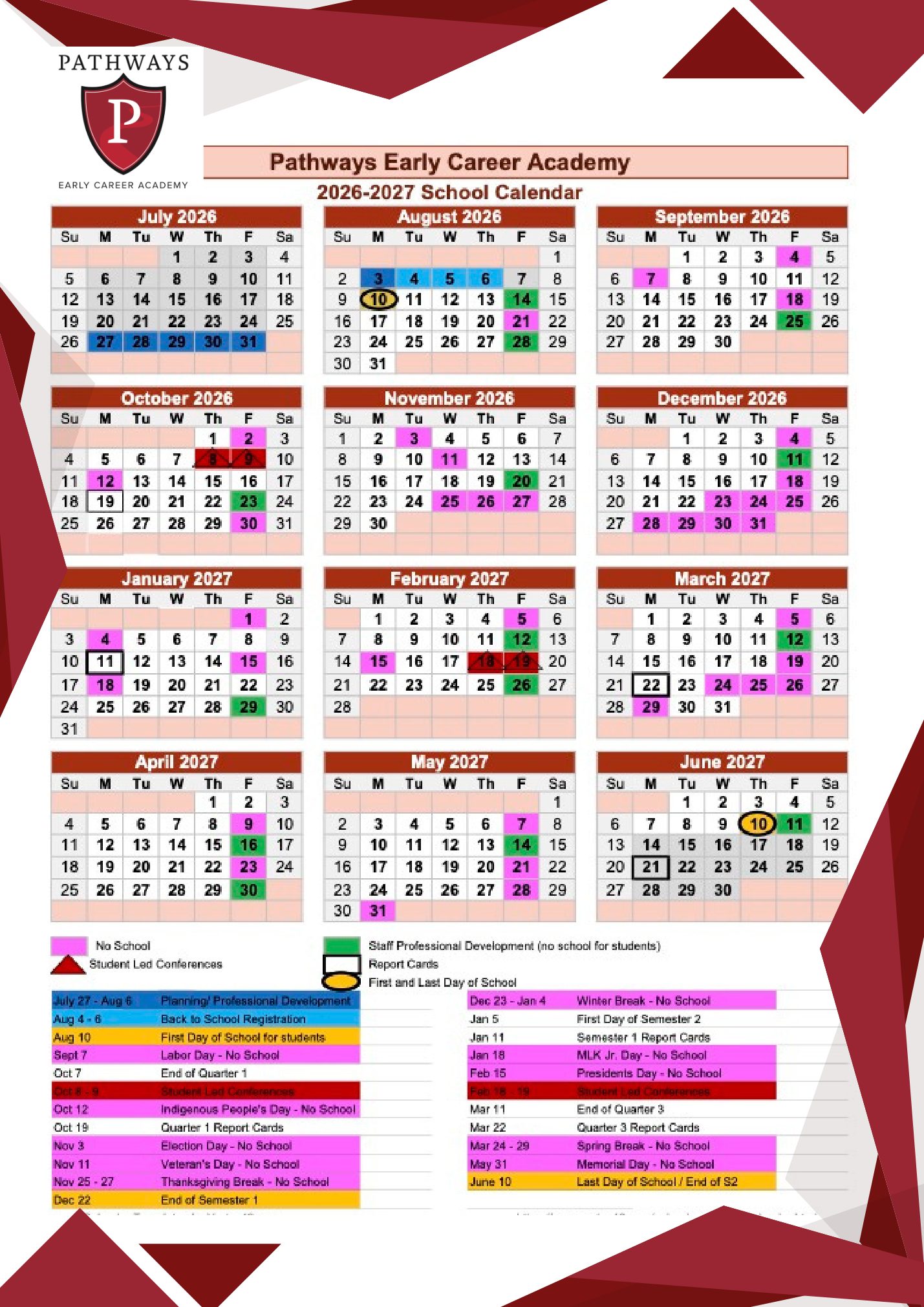 Pathways Early Career Academy school calendar